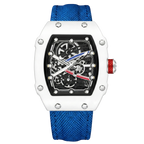 Skeleton tonneau sport watch by GIORGIO MARENO featuring a skeleton dial and sporty design in a tonneau-shaped stainless steel case.