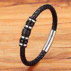 Martin Duval Leather Bead Bracelet - Black with Steel