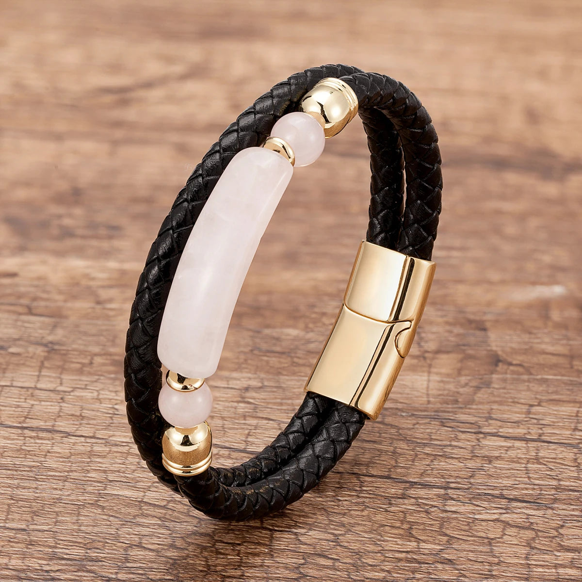 Martin Duval Stone Leather Bracelet - Rose Quartz Gold