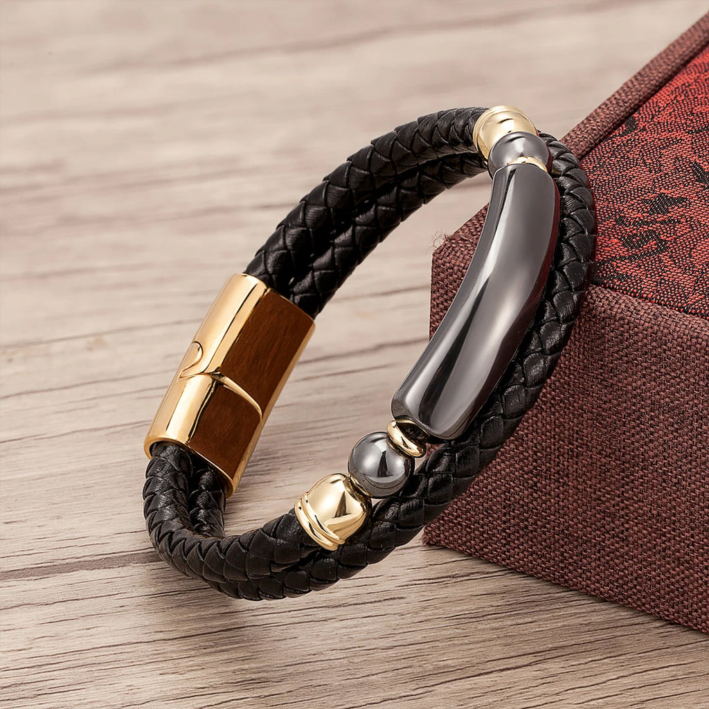 Martin Duval Stone Leather Bracelet - Hematite Gold