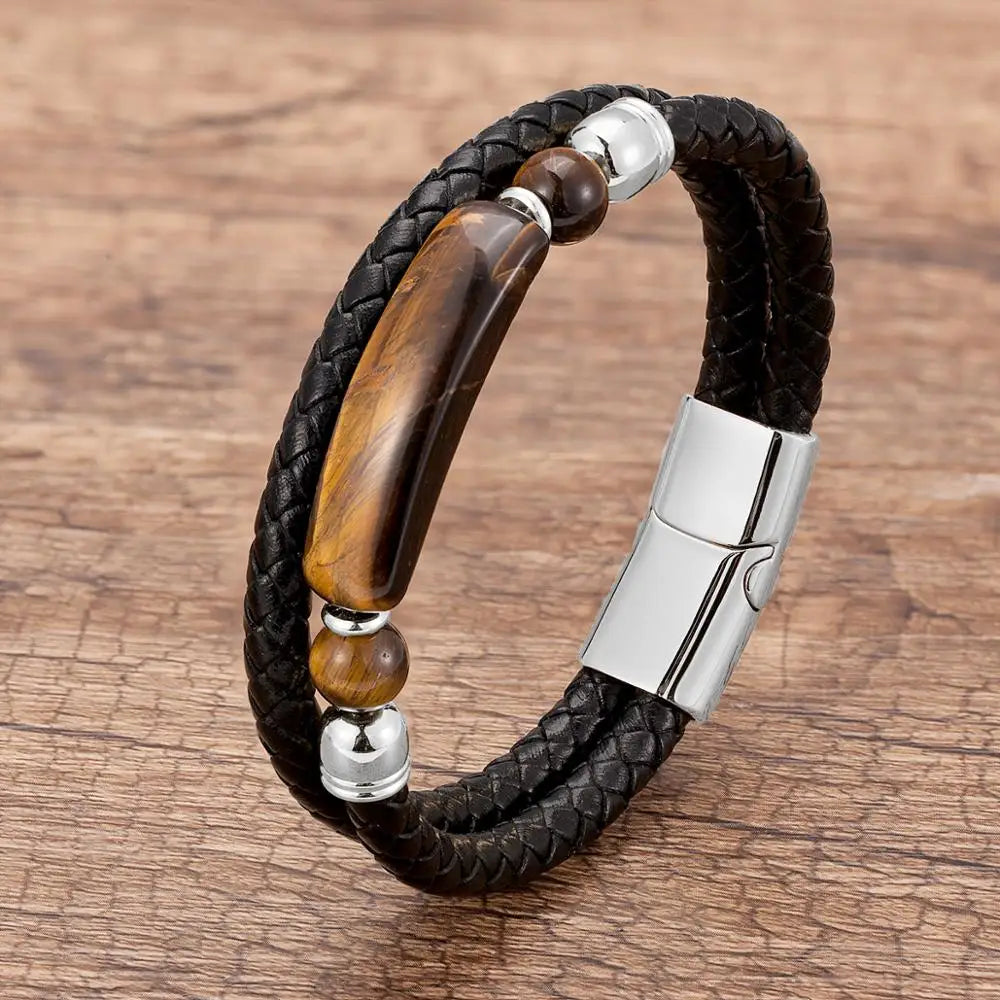Martin Duval Stone Leather Bracelet - Tiger Eye Silver