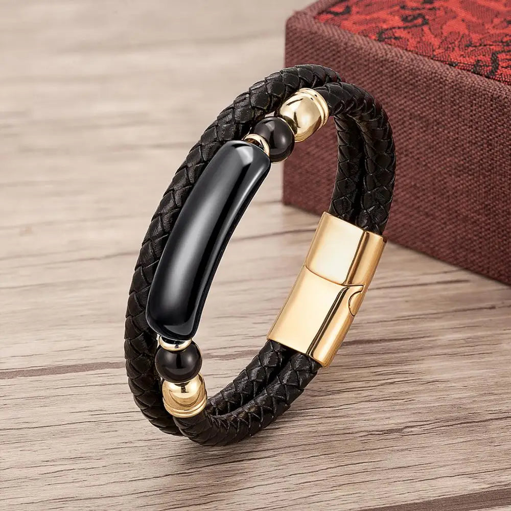 Martin Duval Stone Leather Bracelet - Black Agate Gold