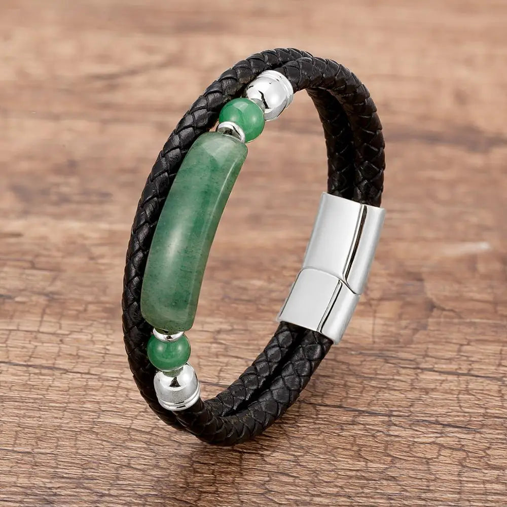 Martin Duval Stone Leather Bracelet - Aventurine Silver