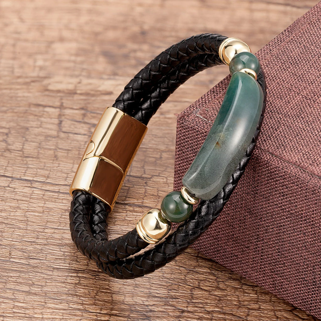 Martin Duval Stone Leather Bracelet - Natural Stone Gold