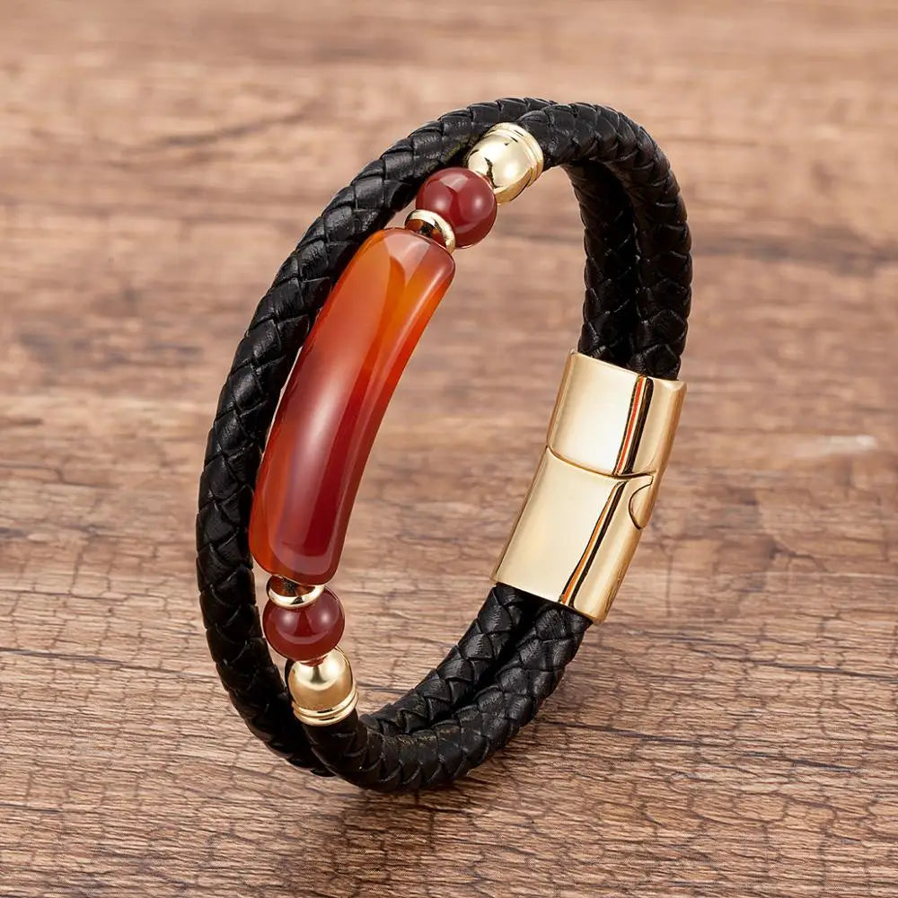 Martin Duval Stone Leather Bracelet - Red Agate Gold