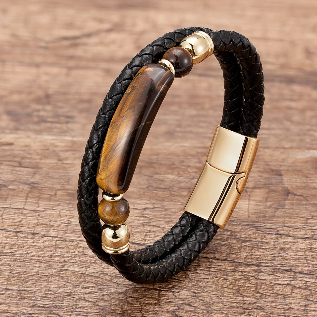 Martin Duval Stone Leather Bracelet - Tiger Eye Gold