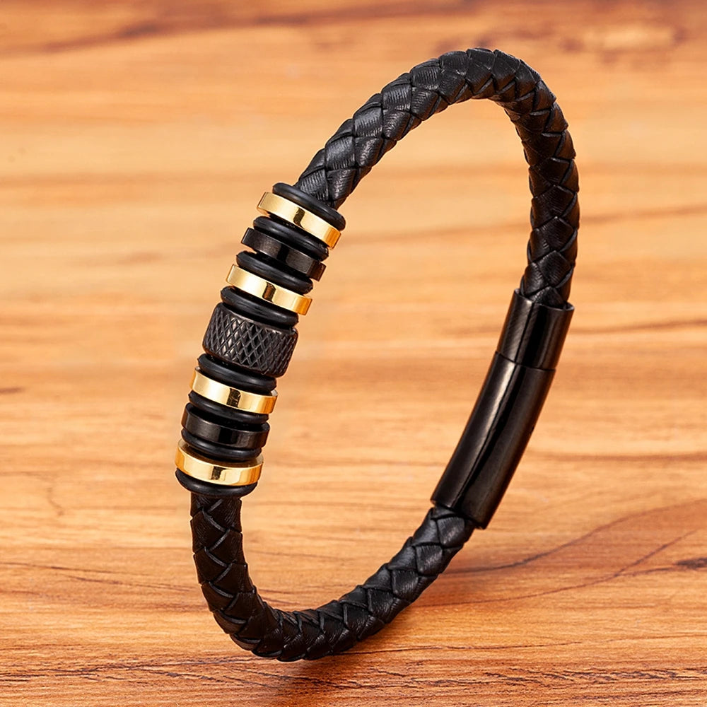 Martin Duval Leather Bead Bracelet - Black with Gold