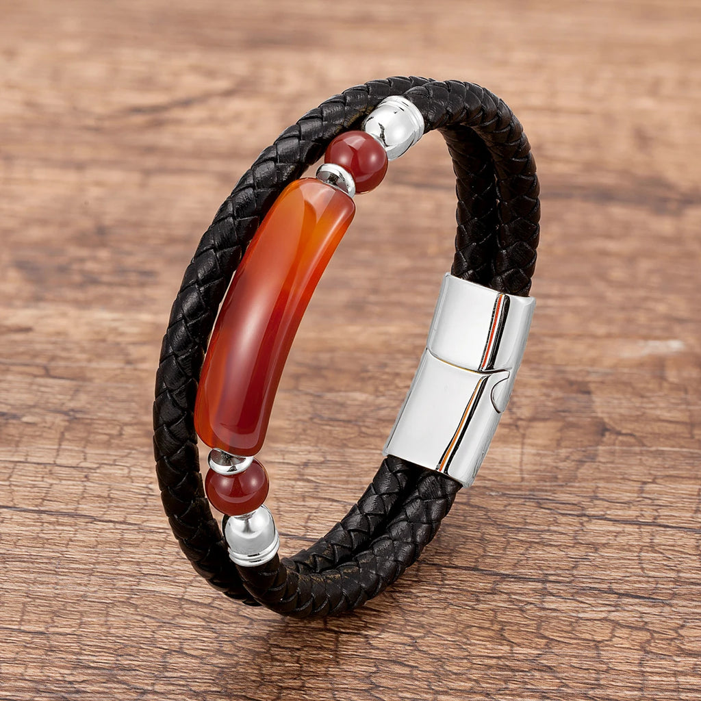 Martin Duval Stone Leather Bracelet - Red Agate Silver