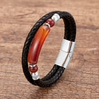 Martin Duval Stone Leather Bracelet - Red Agate Silver