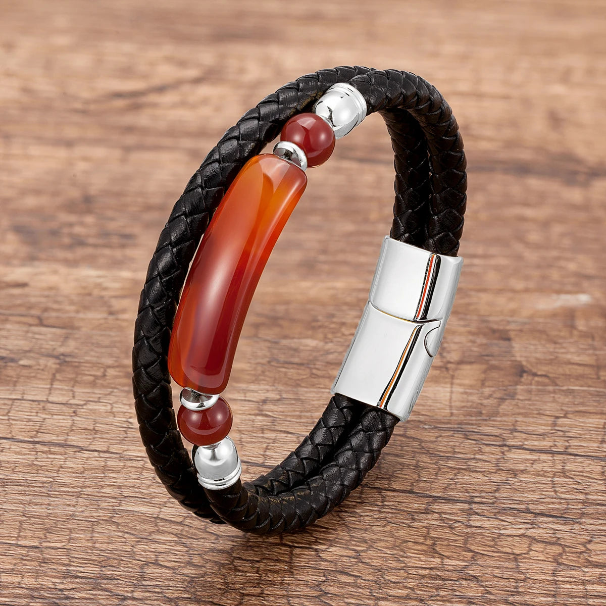 Martin Duval Stone Leather Bracelet - Red Agate Silver