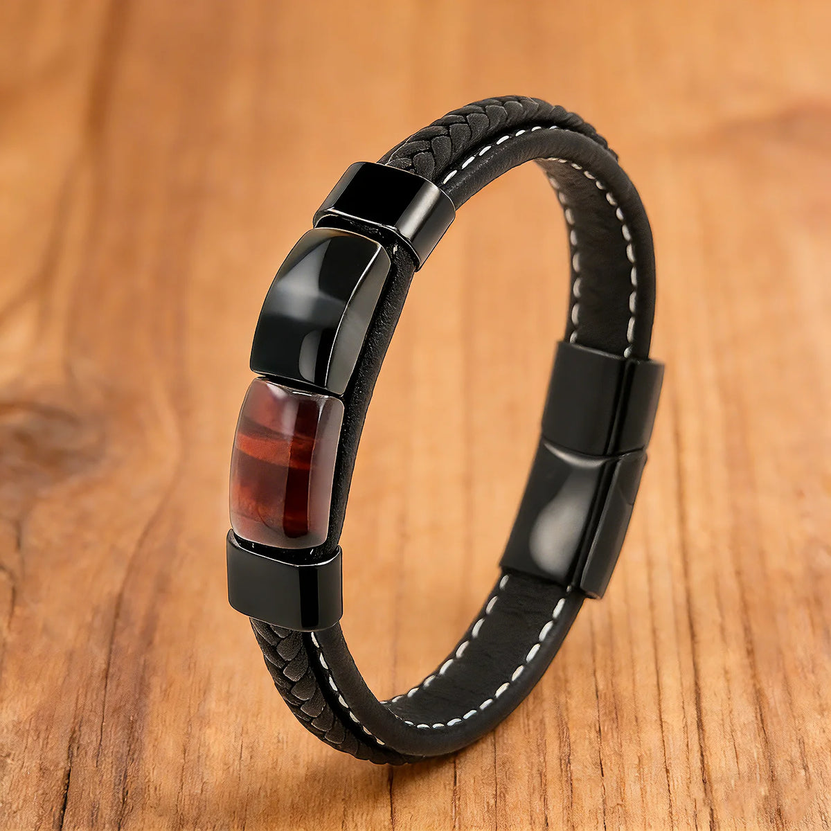Martin Duval Tiger Eye Leather Bracelet - Red Blue Tiger