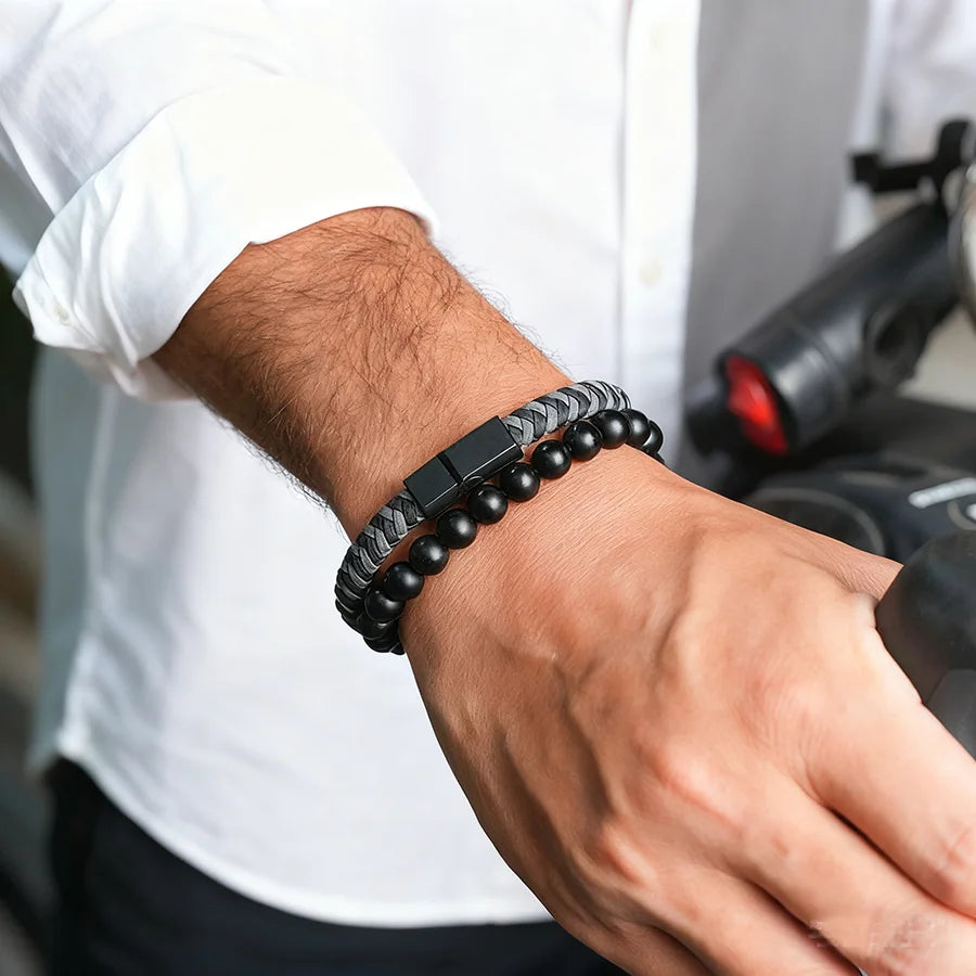 Martin Duval Onyx & Leather Bracelet Set - Grey Black