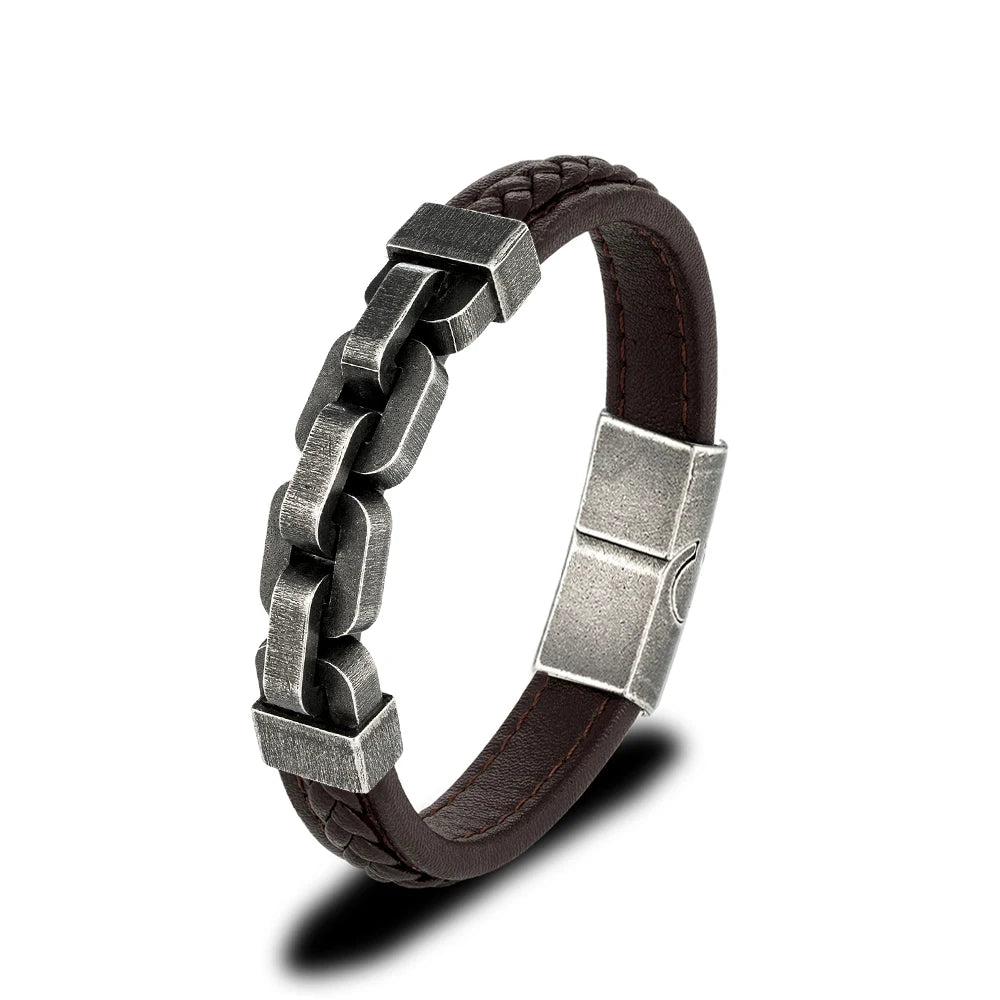 Martin Duval Chain Link Leather Bracelet - Coffee