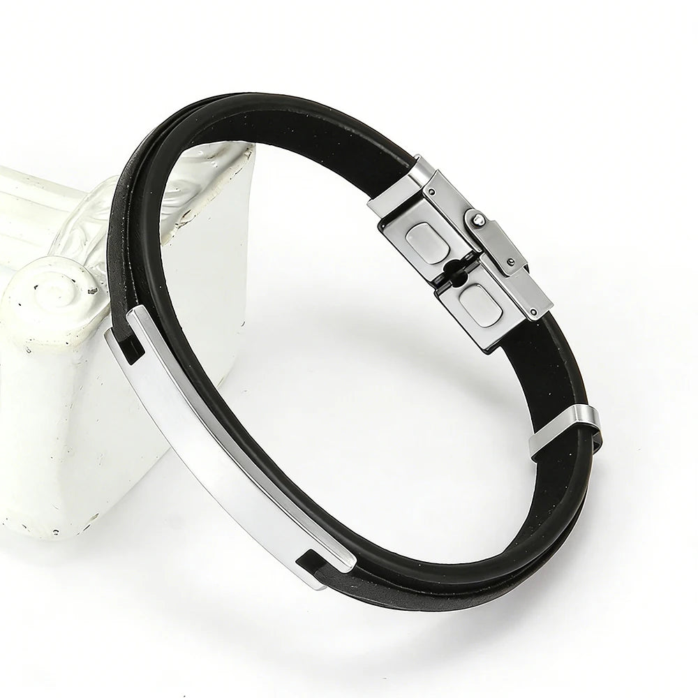 Martin Duval Leather Plate Bracelet - Black Silver