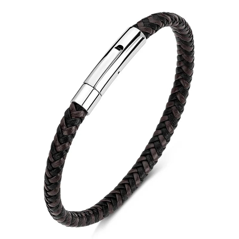 Martin Duval Slim Braided Leather Bracelet - Silver Coffee