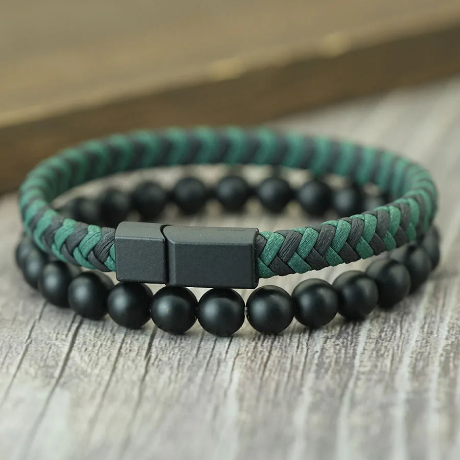 Martin Duval Onyx & Leather Bracelet Set - Green