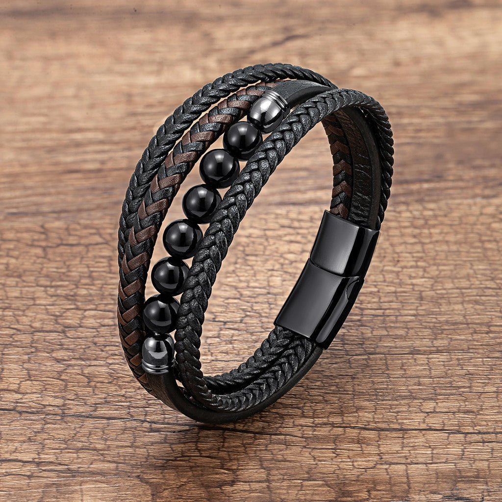 Martin Duval Layered Leather Bracelet - Black Agate Stone
