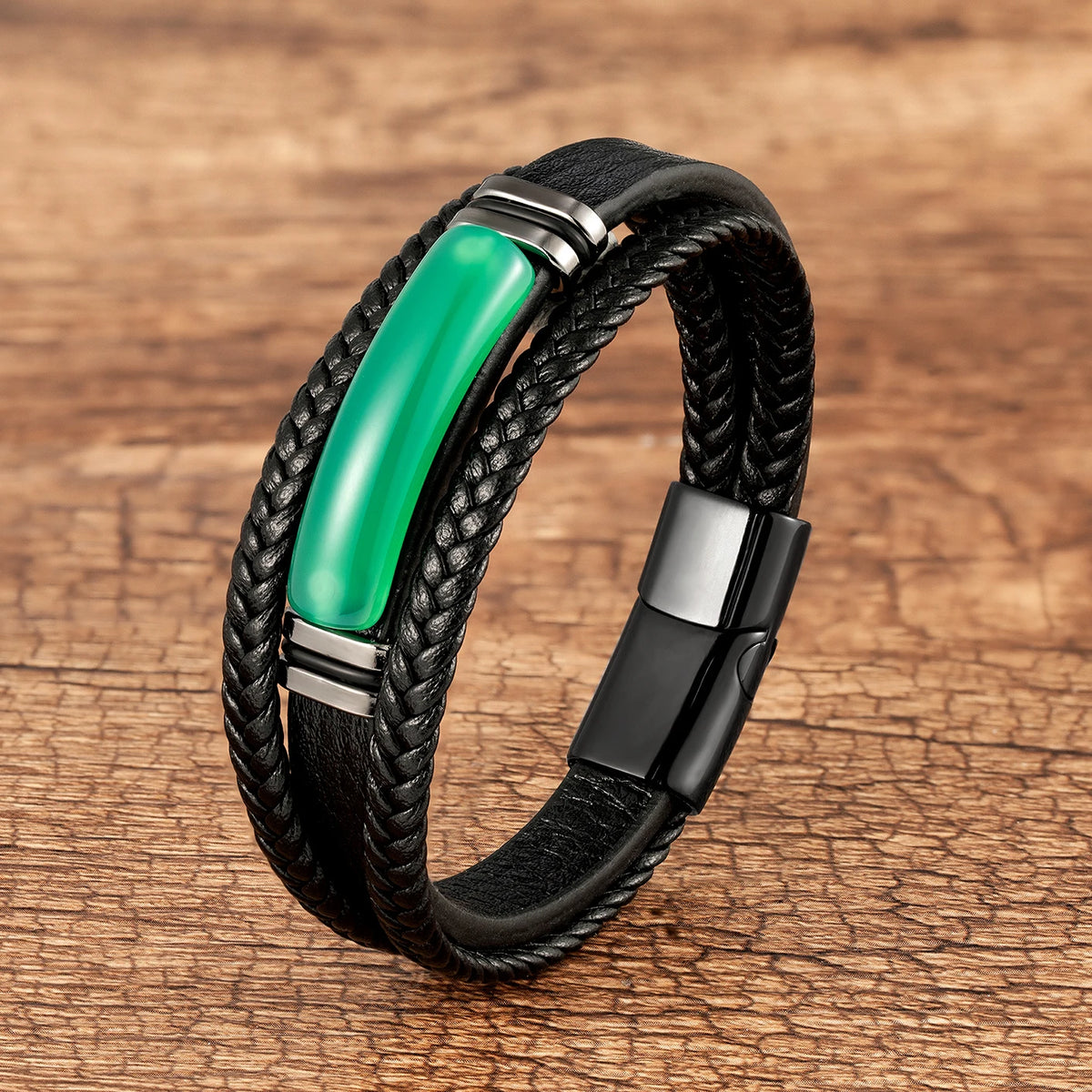 Martin Duval Stone Bar Leather Bracelet - Green Agate