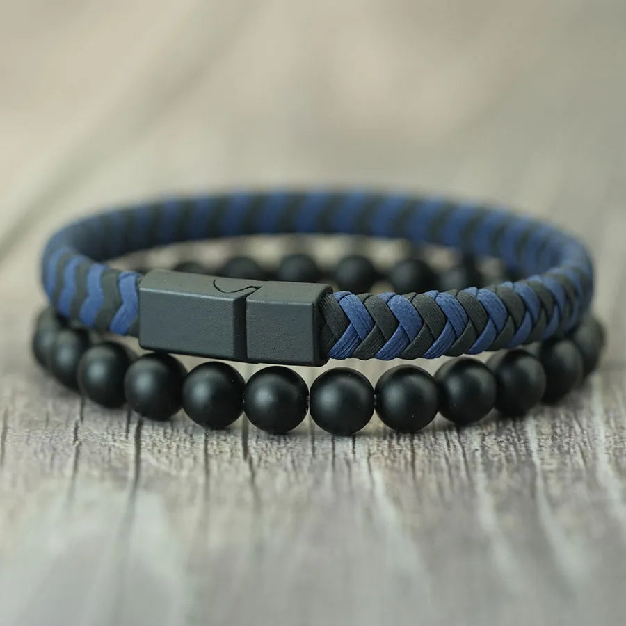 Martin Duval Onyx & Leather Bracelet Set - Navy