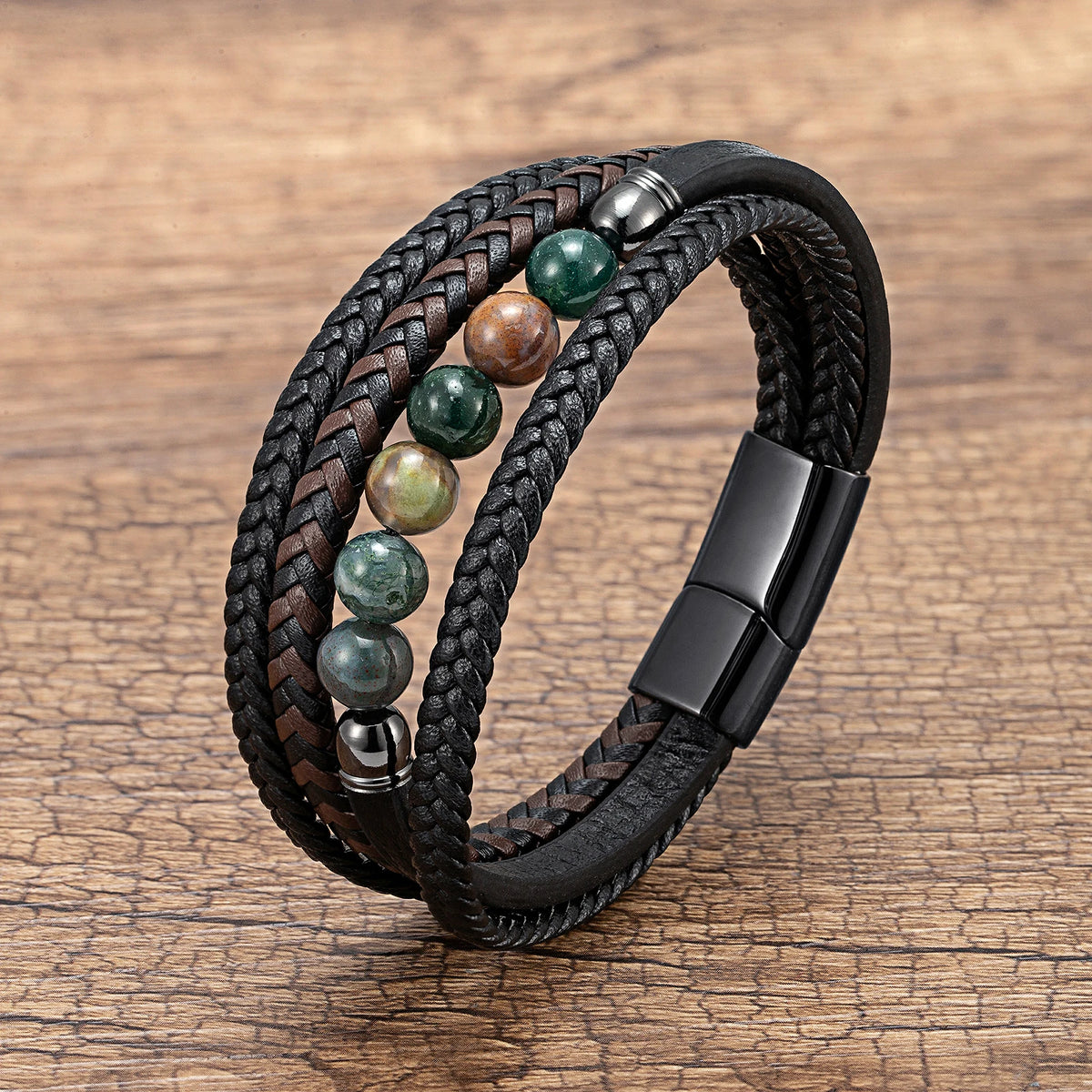 Martin Duval Layered Leather Bracelet - Moss Agate Stone