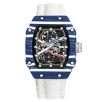 Giorgio Mareno KARYVEX Skeleton Tonneau Sport Watch with black dial, silver case, and sporty design.