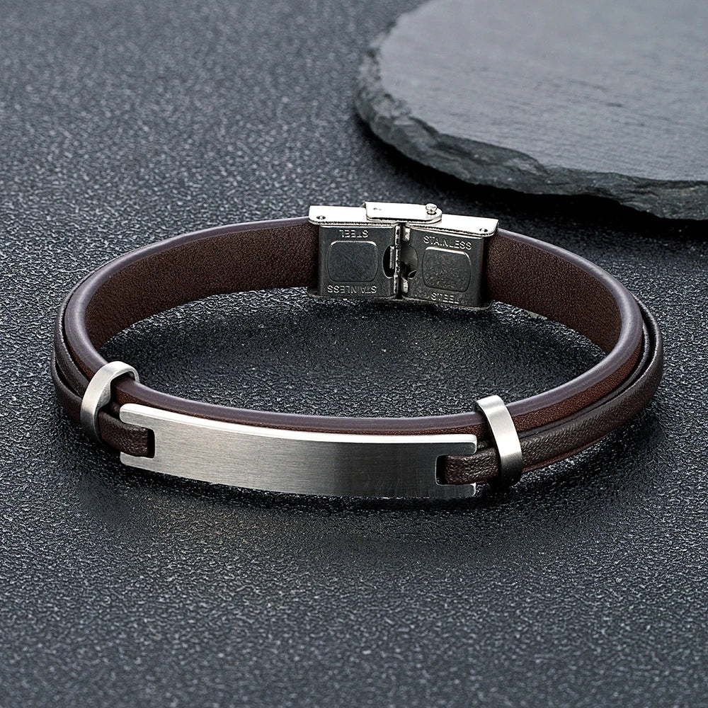 Martin Duval Leather Plate Bracelet - Coffee Silver