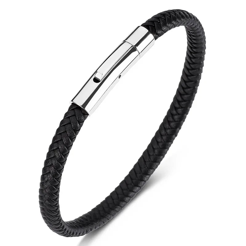 Martin Duval Slim Braided Leather Bracelet - Silver Black