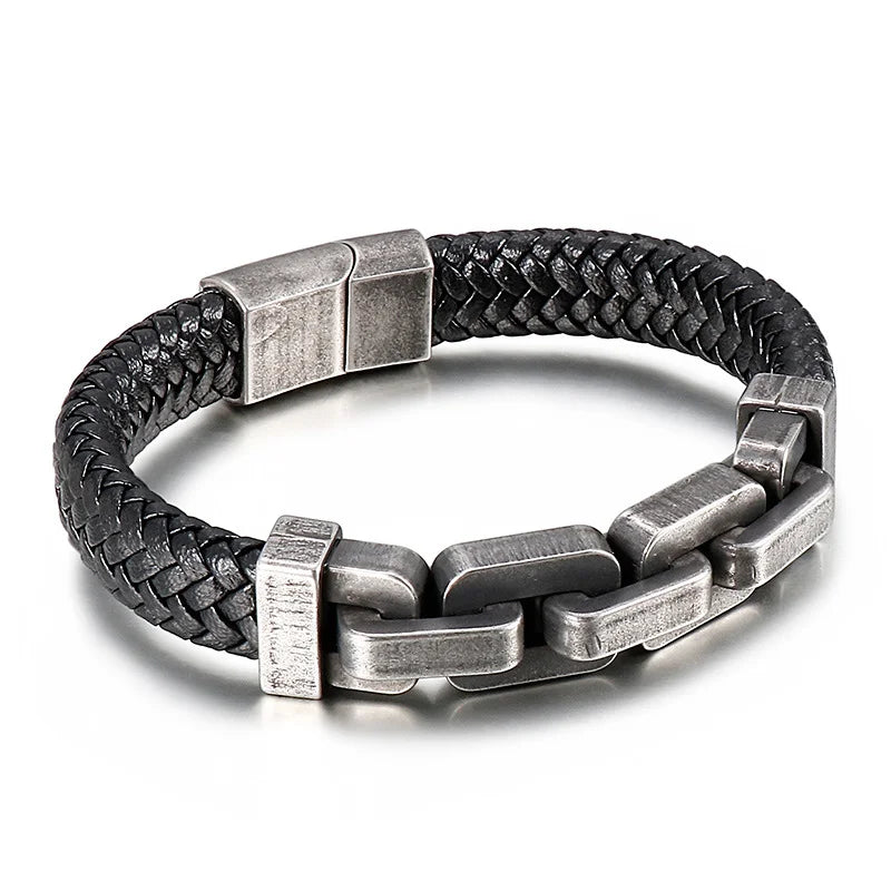 Martin Duval Chain Link Leather Bracelet - Black Braid