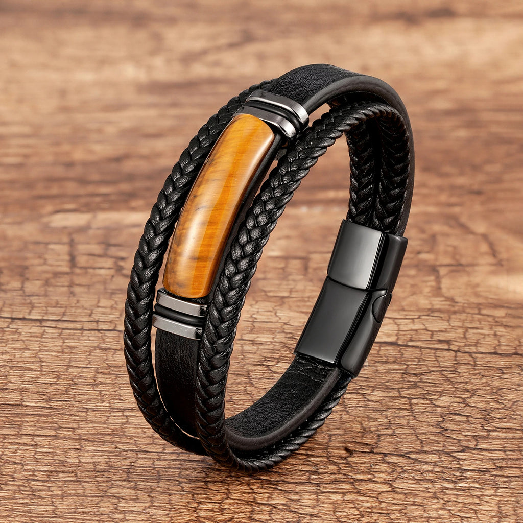 Martin Duval Stone Bar Leather Bracelet - Tiger Eye Stone