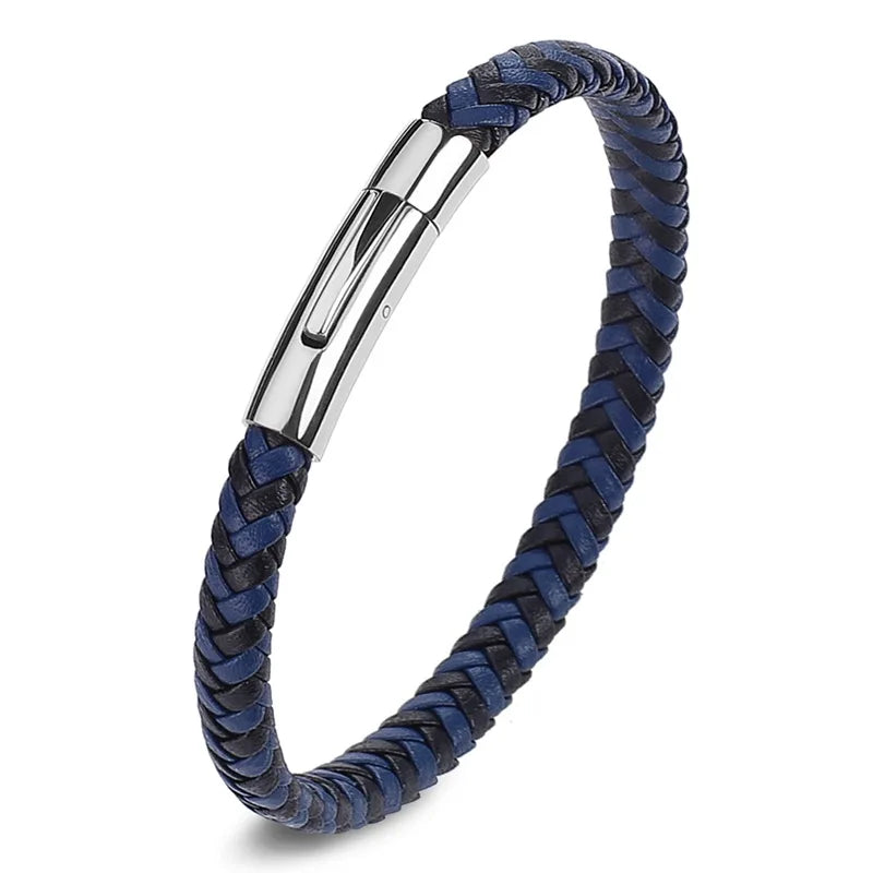 Martin Duval Slim Braided Leather Bracelet - Silver Blue