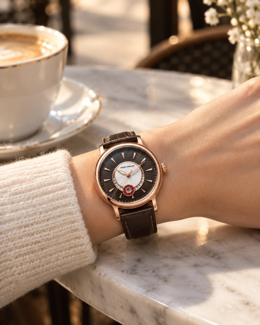 AURELYN worn on a woman wrist at a cafe