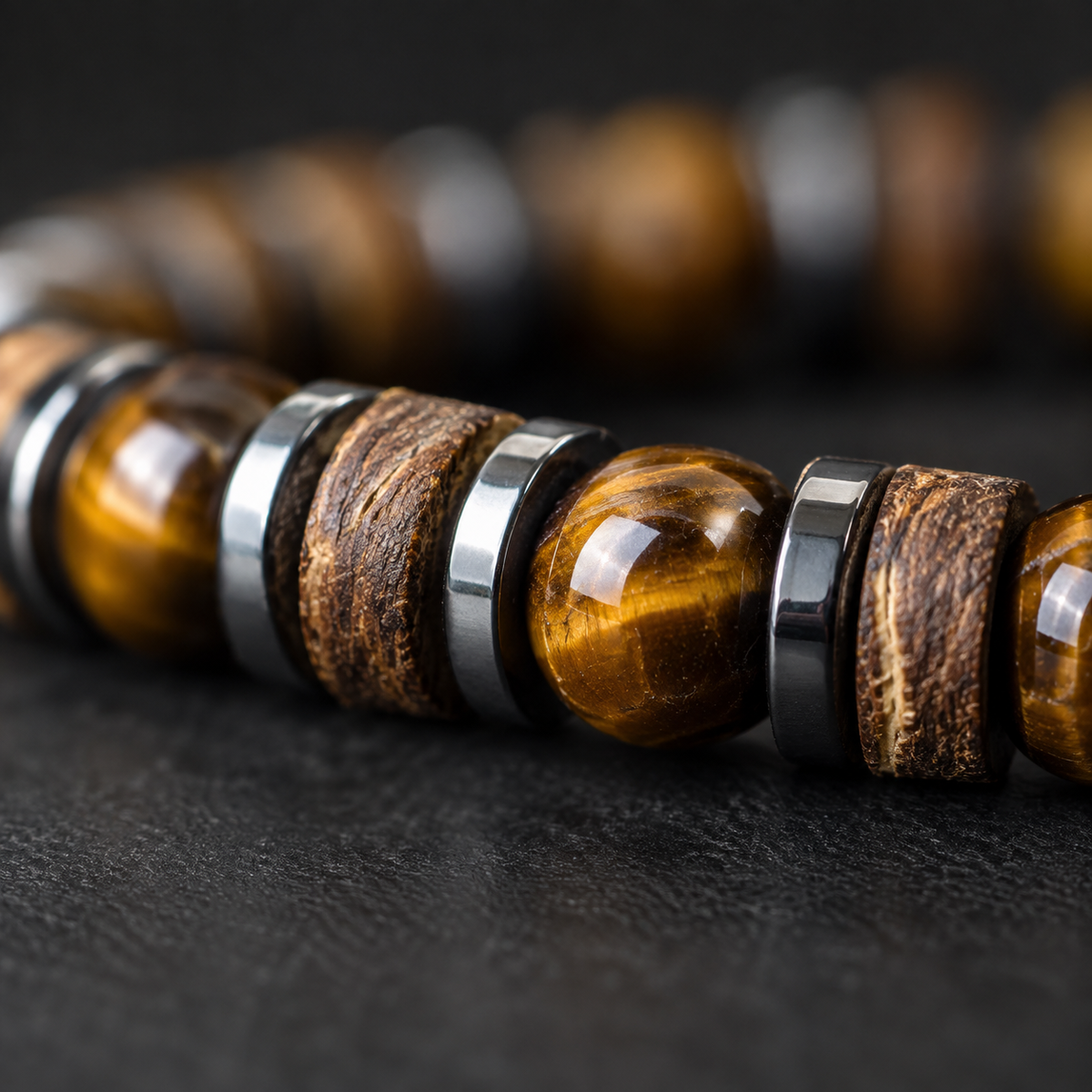 Macro - stone, wood grain and hematite shine