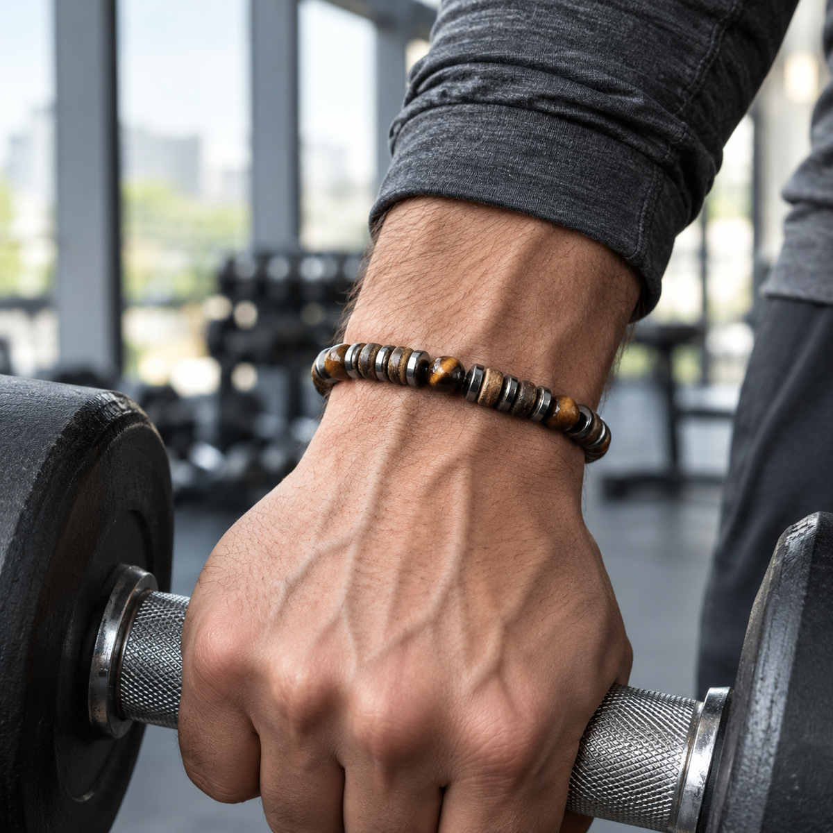 Worn - gripping a dumbbell at the gym