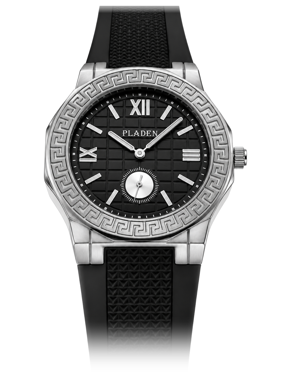 MEANDRIX watch, silver Greek-key bezel, black dial